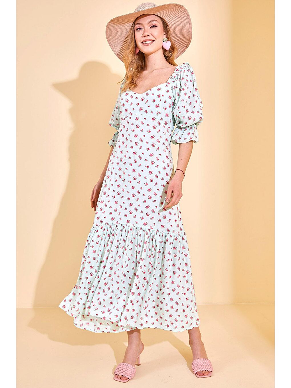 Turkuaz Su Yeşili Çiçek Desenli Midi Boy Elbise 3KXK6-46775-38-3