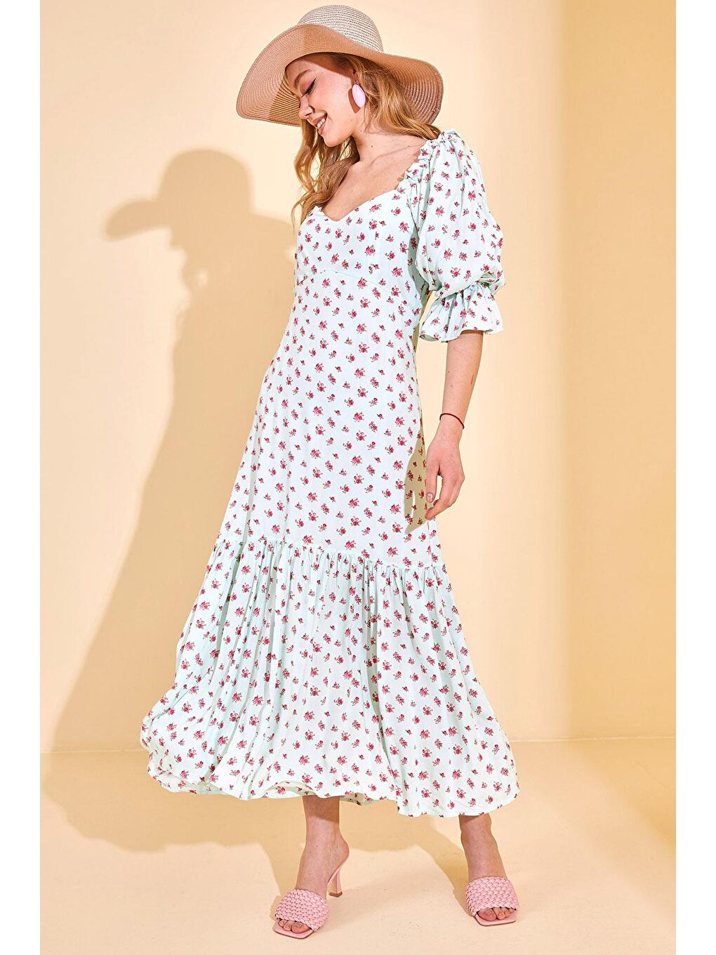 Turkuaz Su Yeşili Çiçek Desenli Midi Boy Elbise 3KXK6-46775-38-4