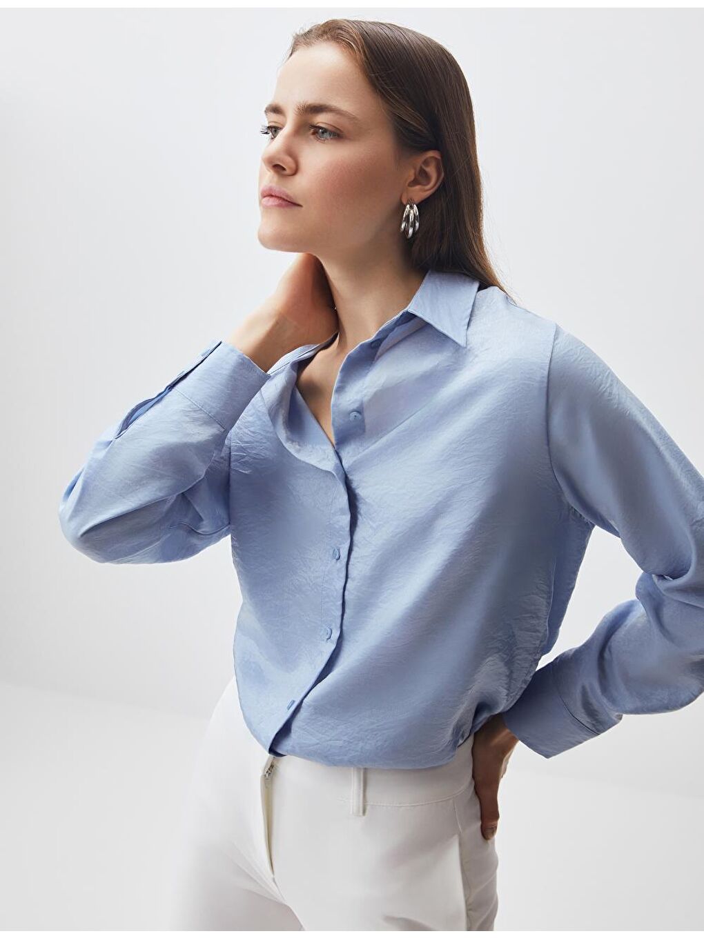 Gök Mavisi Uzun Kollu Saten Dokuma Gömlek