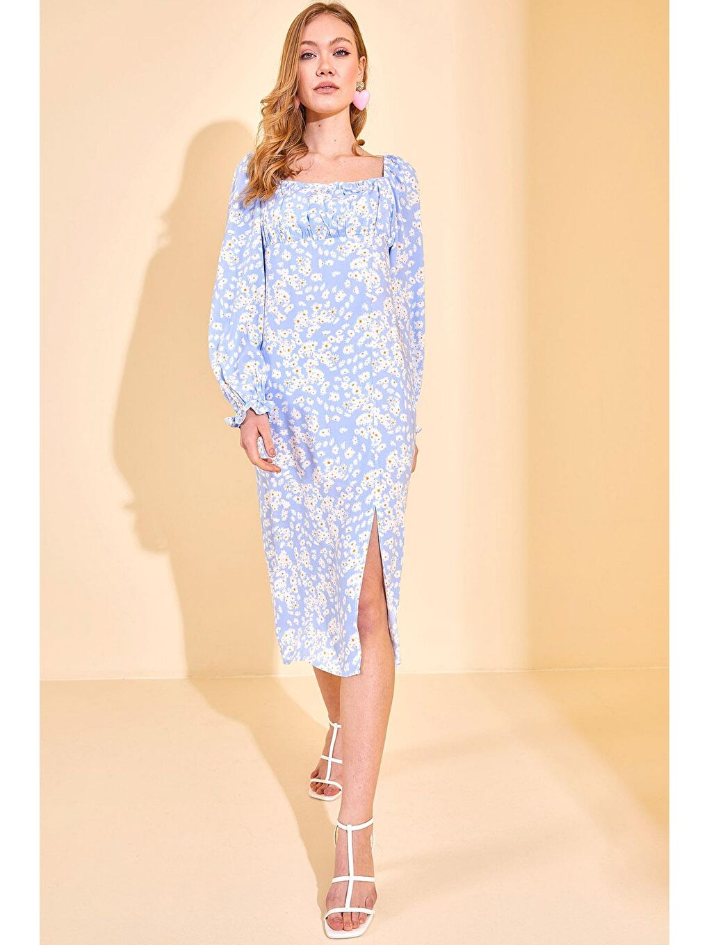 Buz Mavisi Kare Yaka Desenli Elbise 3KXK6-46774-43-2