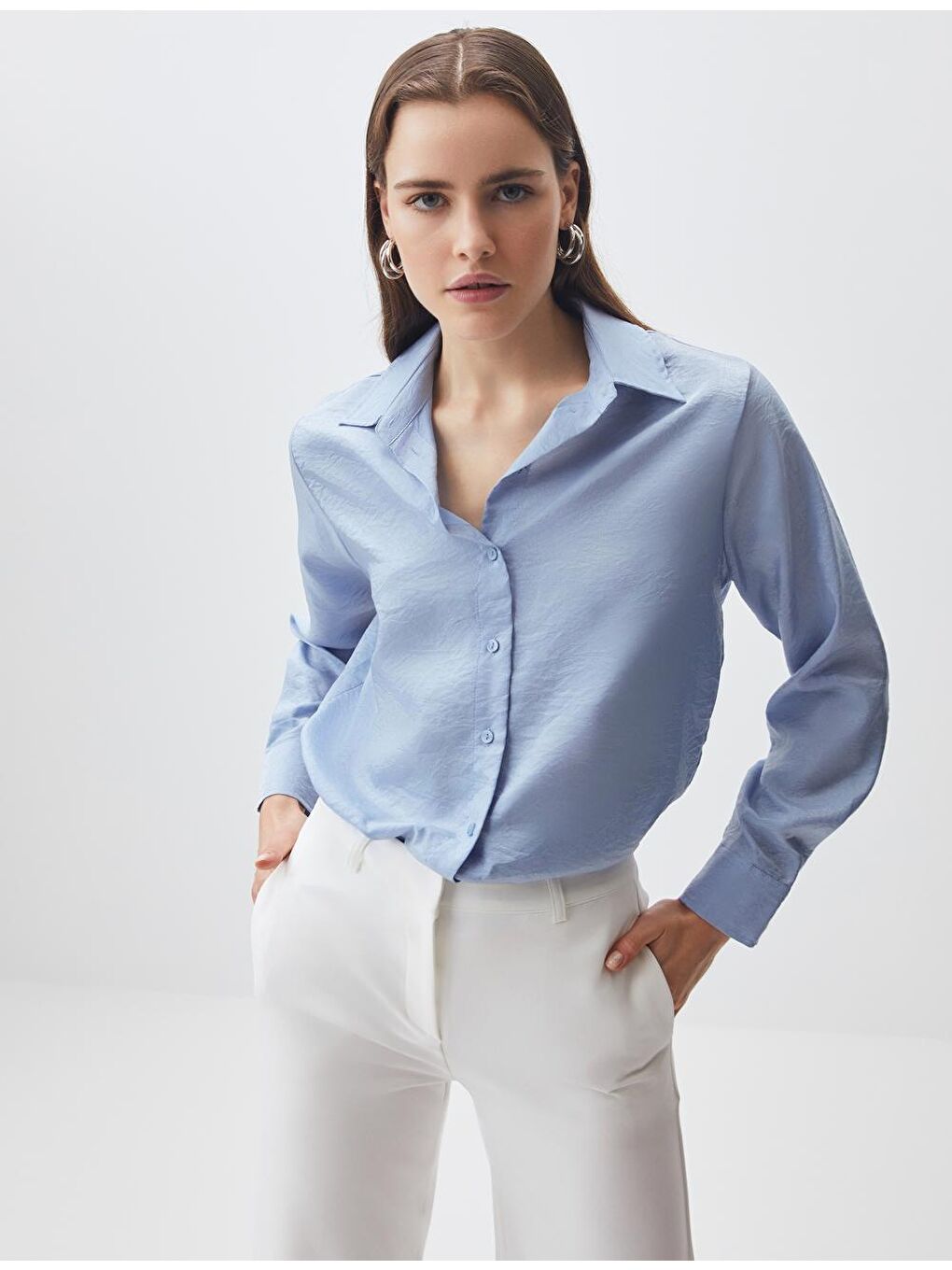 Gök Mavisi Uzun Kollu Saten Dokuma Gömlek-1