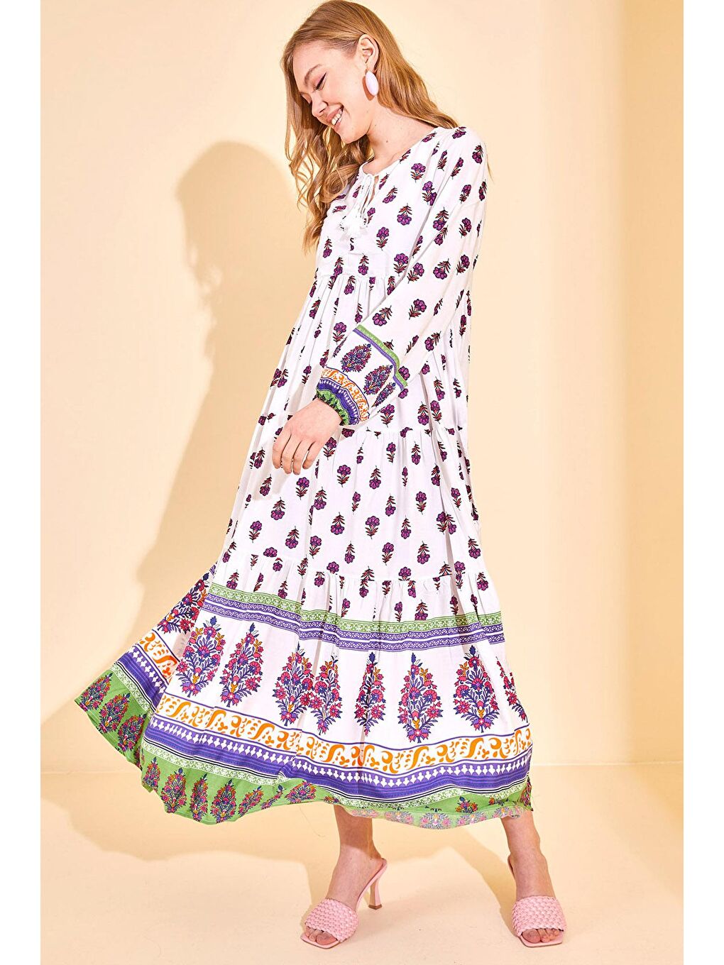 Mor Desenli Maxi Elbise 3KXK6-46773-06-1