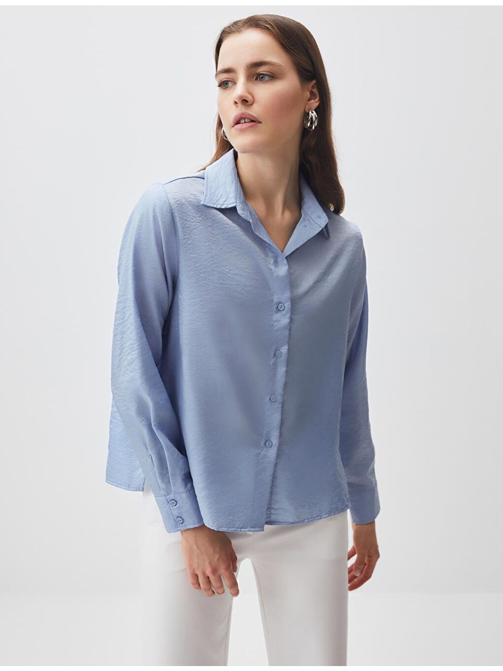Gök Mavisi Uzun Kollu Saten Dokuma Gömlek-2