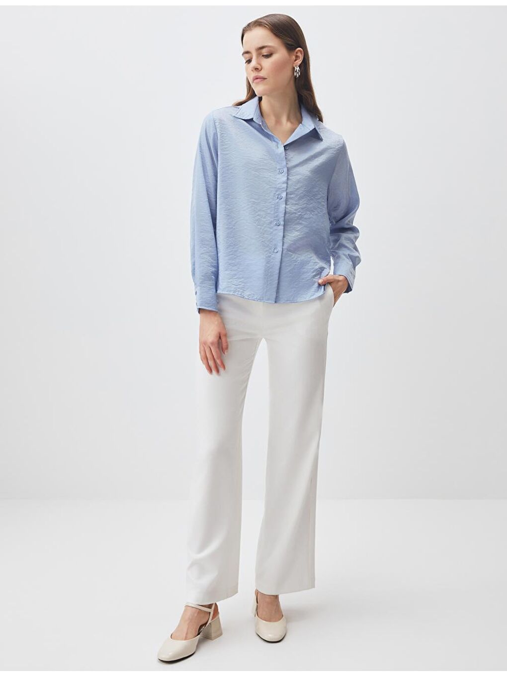 Gök Mavisi Uzun Kollu Saten Dokuma Gömlek-3