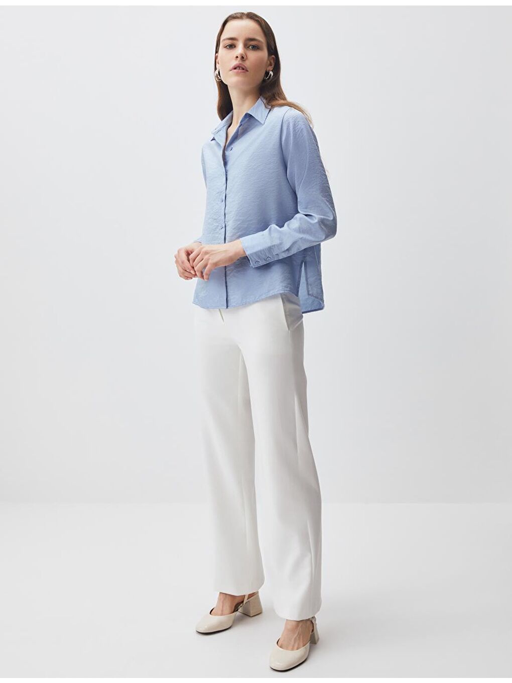 Gök Mavisi Uzun Kollu Saten Dokuma Gömlek-4