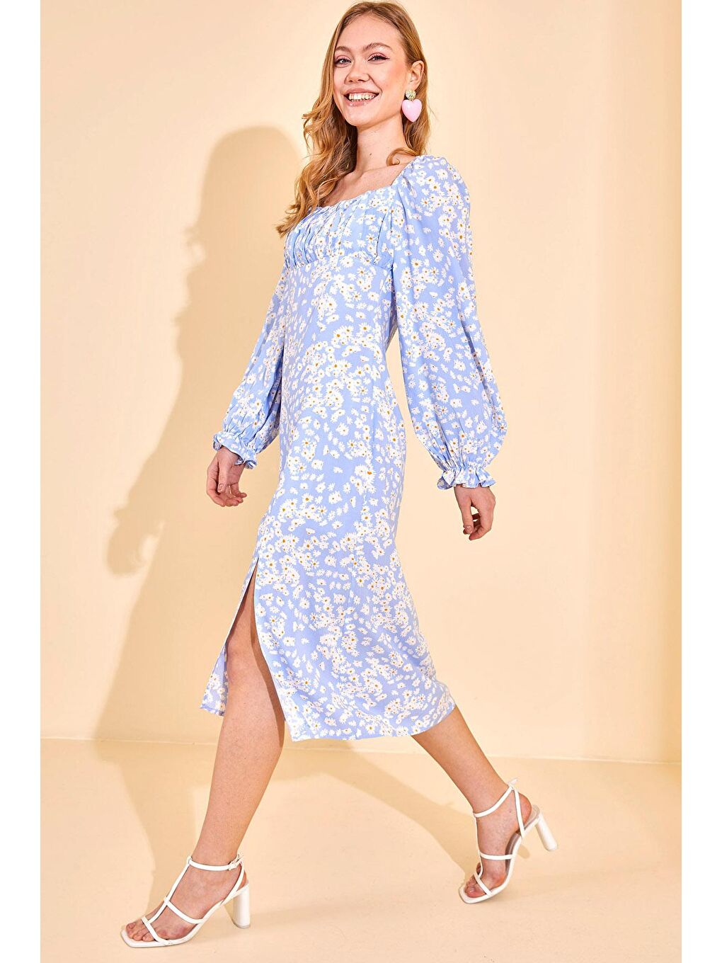 Buz Mavisi Kare Yaka Desenli Elbise 3KXK6-46774-43-4