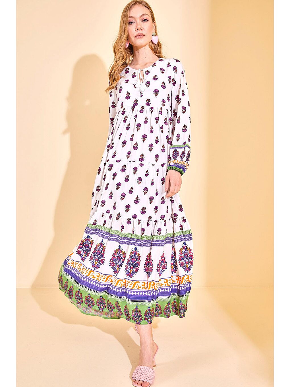 Mor Desenli Maxi Elbise 3KXK6-46773-06-3