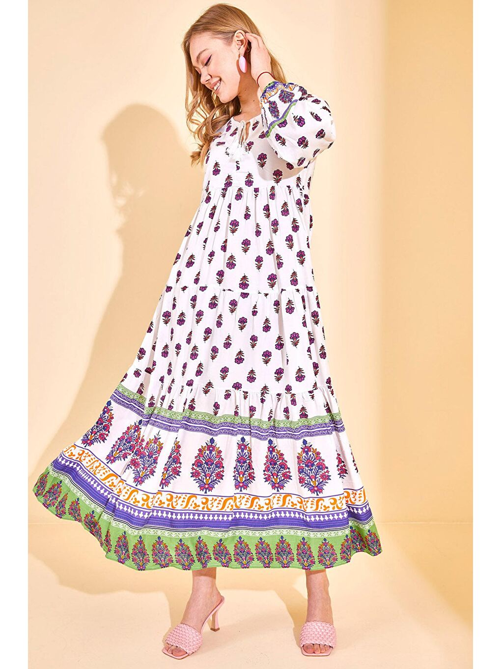 Mor Desenli Maxi Elbise 3KXK6-46773-06-4