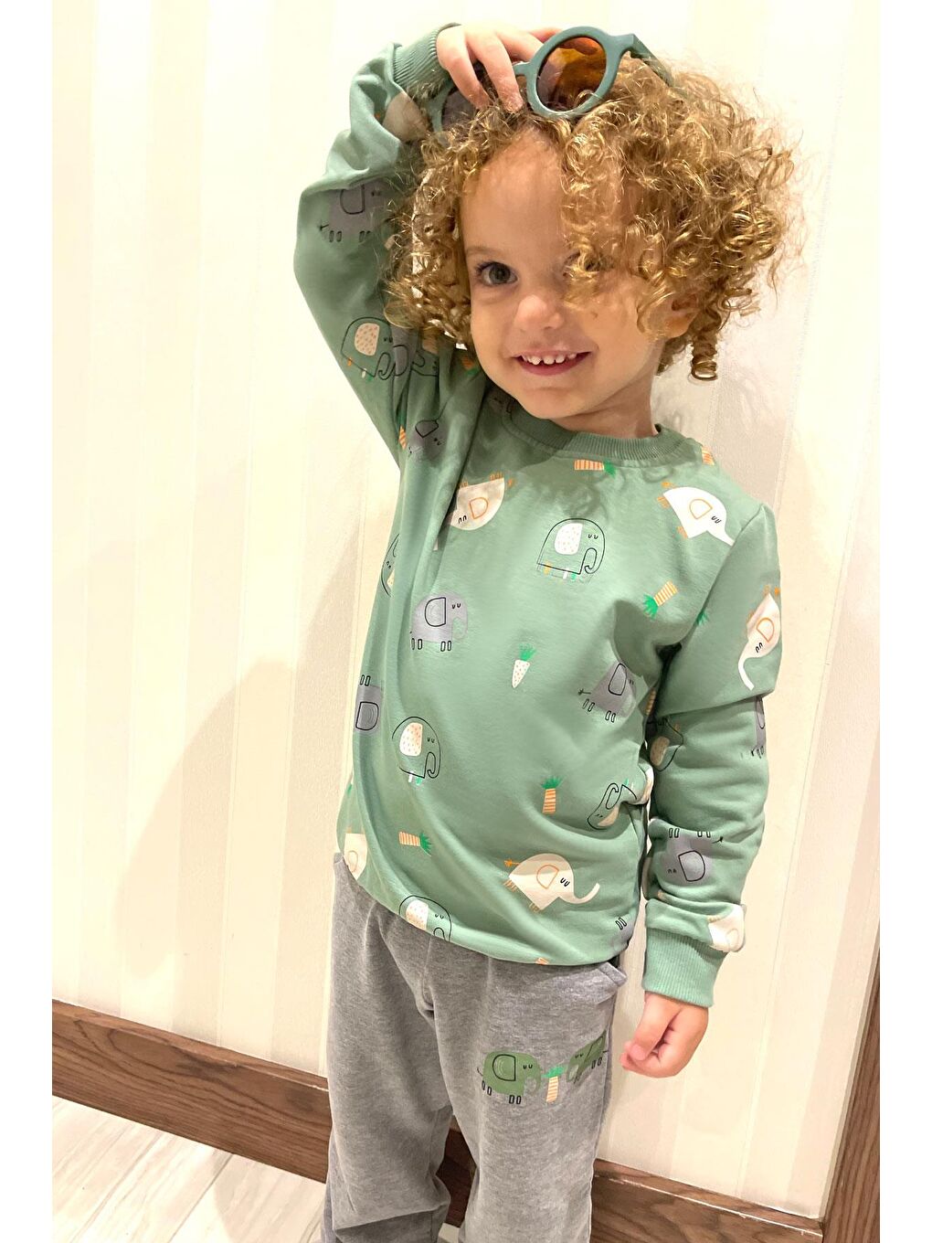 Erkek Çocuk Eşofman Takım Sevimli Fil Desenli Mint Yeşili (1-4 Yaş)