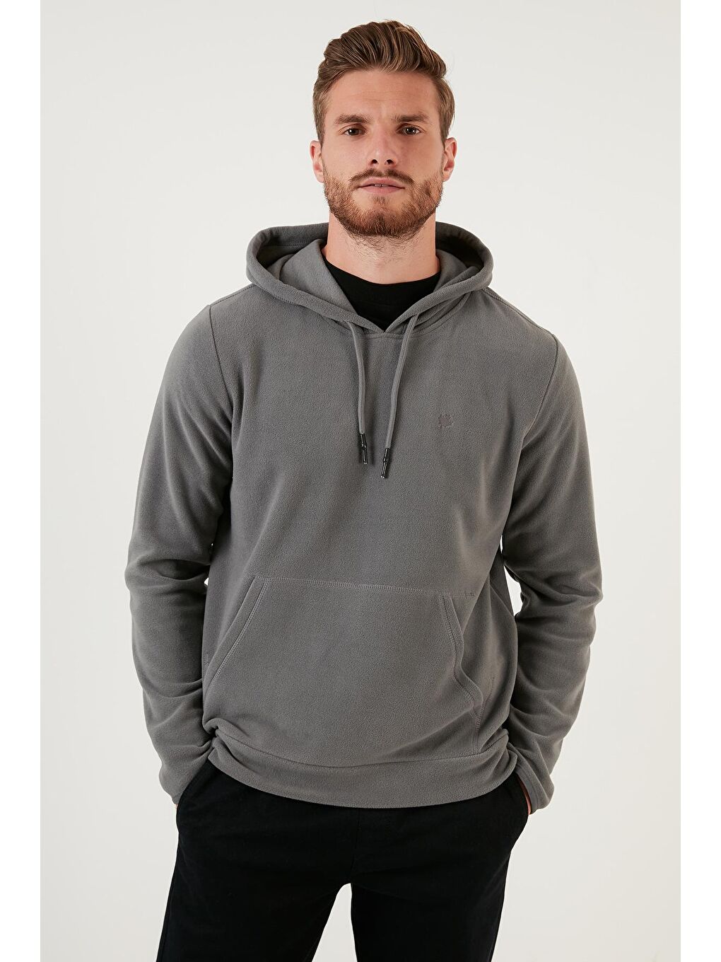 Gri Slim Fit Kanguru Cepli Kapüşonlu Polar 5906032