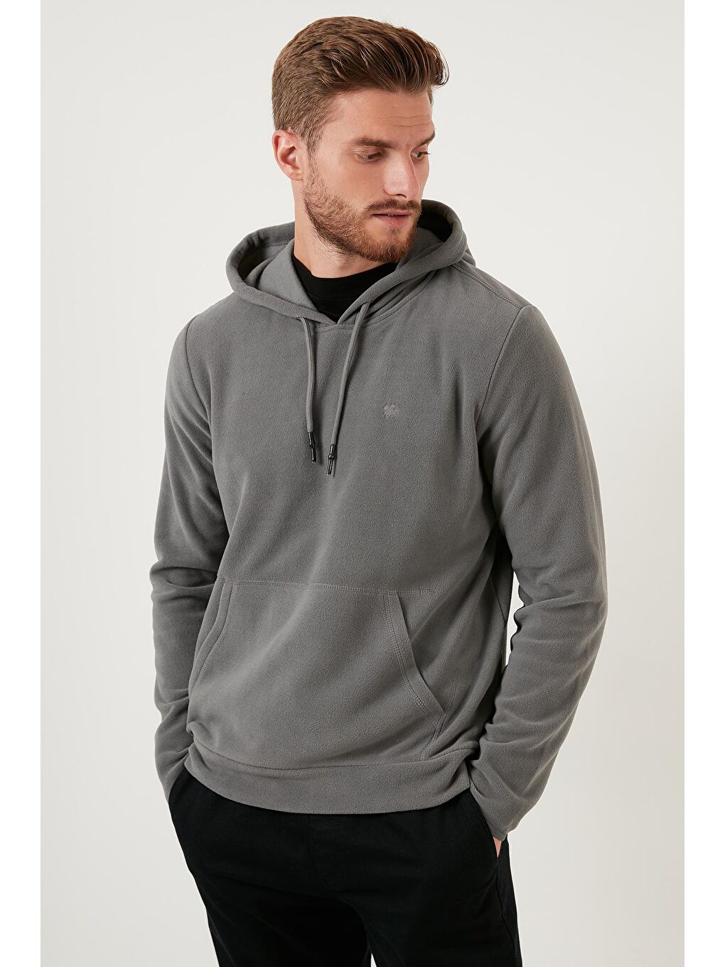 Gri Slim Fit Kanguru Cepli Kapüşonlu Polar 5906032-1