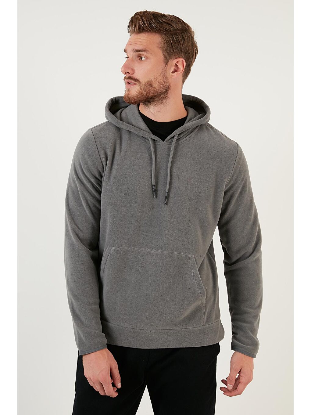 Gri Slim Fit Kanguru Cepli Kapüşonlu Polar 5906032-2