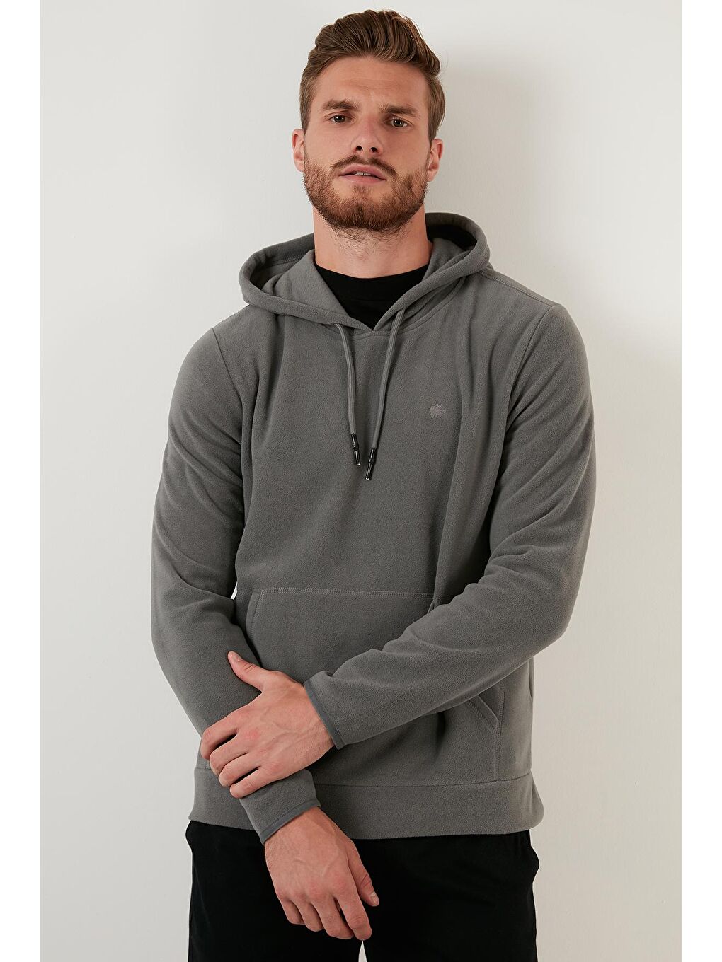 Gri Slim Fit Kanguru Cepli Kapüşonlu Polar 5906032-3