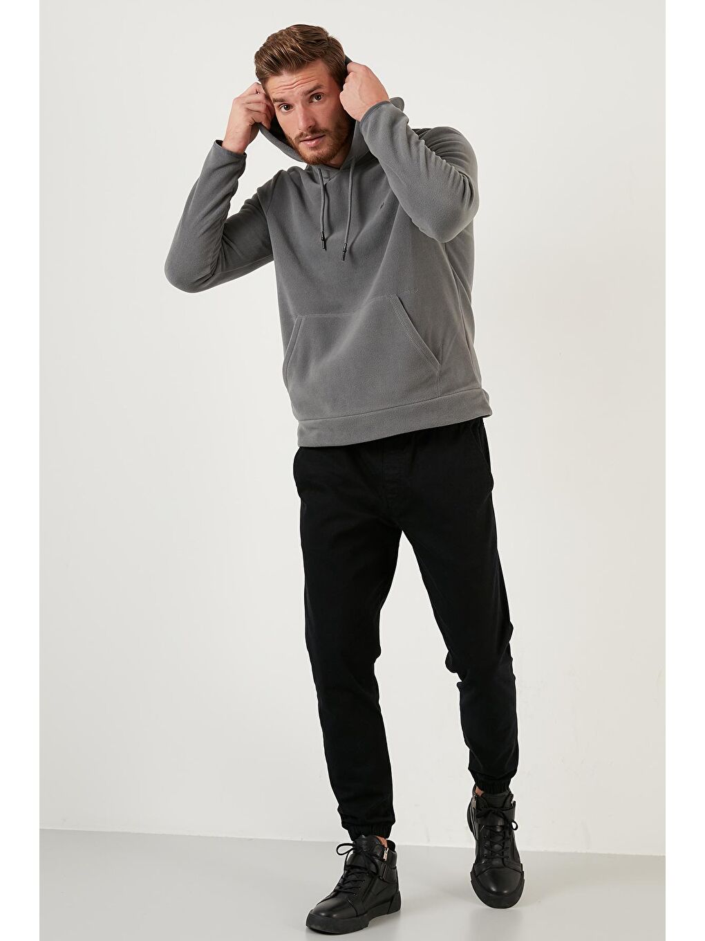 Gri Slim Fit Kanguru Cepli Kapüşonlu Polar 5906032-4