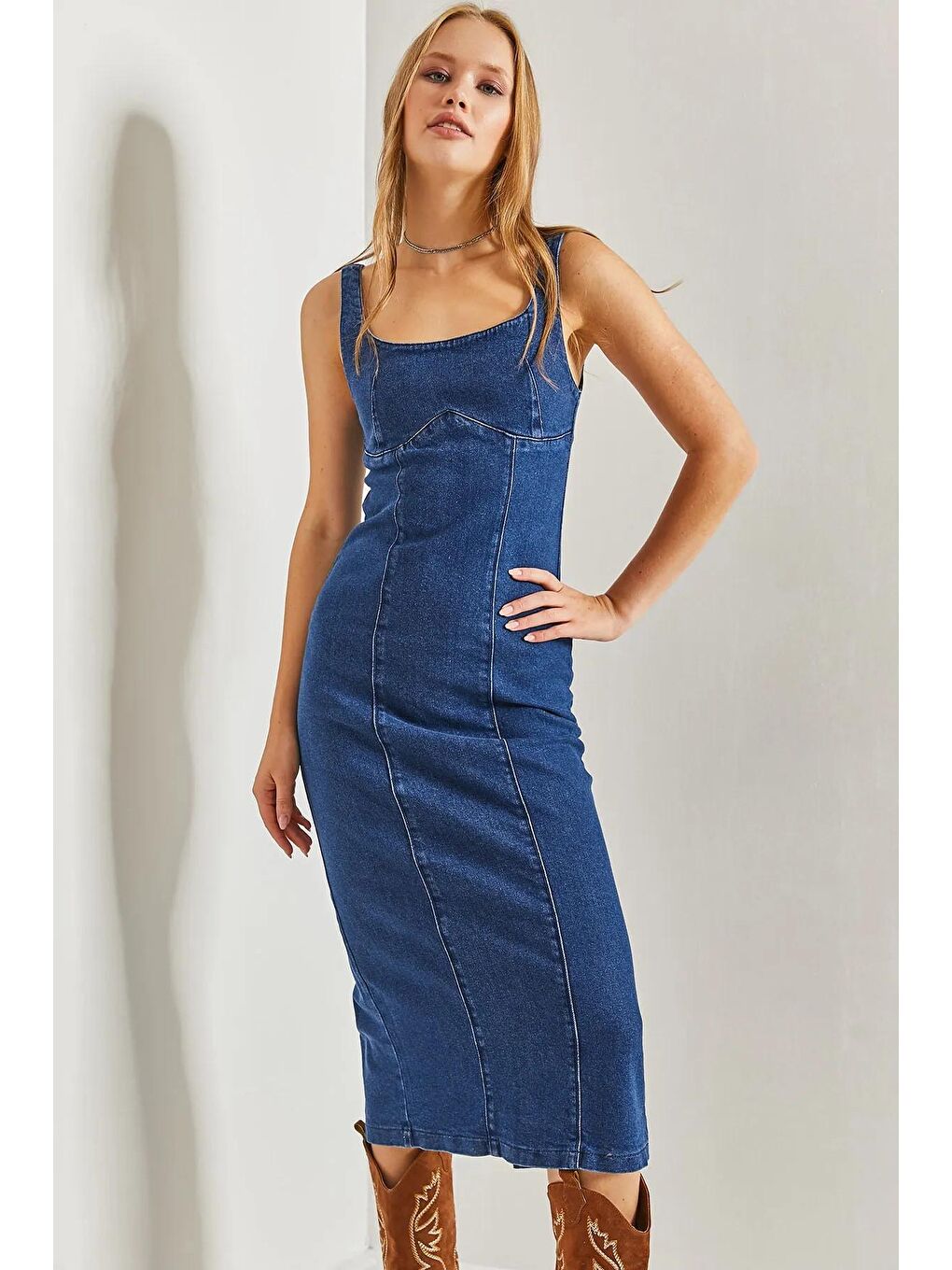 İndigo Kadın Askılı Arkadan Fermuarlı Uzun Elbise-1