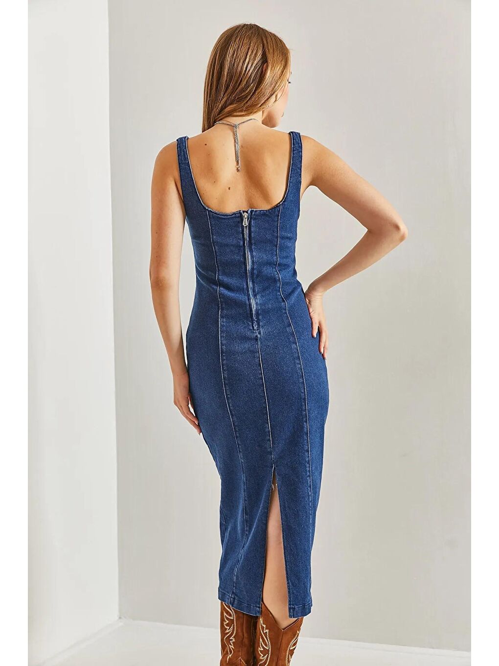 İndigo Kadın Askılı Arkadan Fermuarlı Uzun Elbise-2