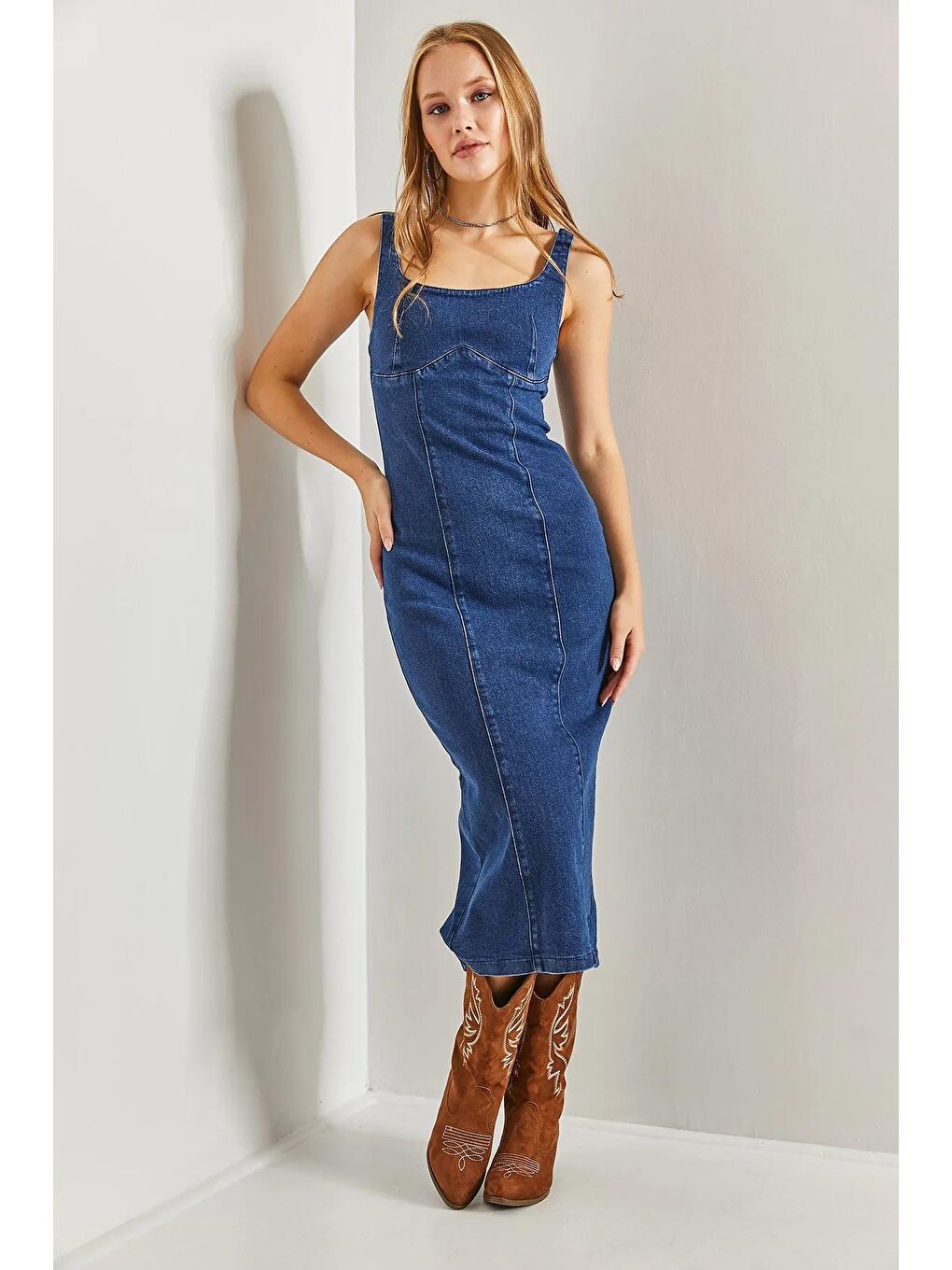 İndigo Kadın Askılı Arkadan Fermuarlı Uzun Elbise-3