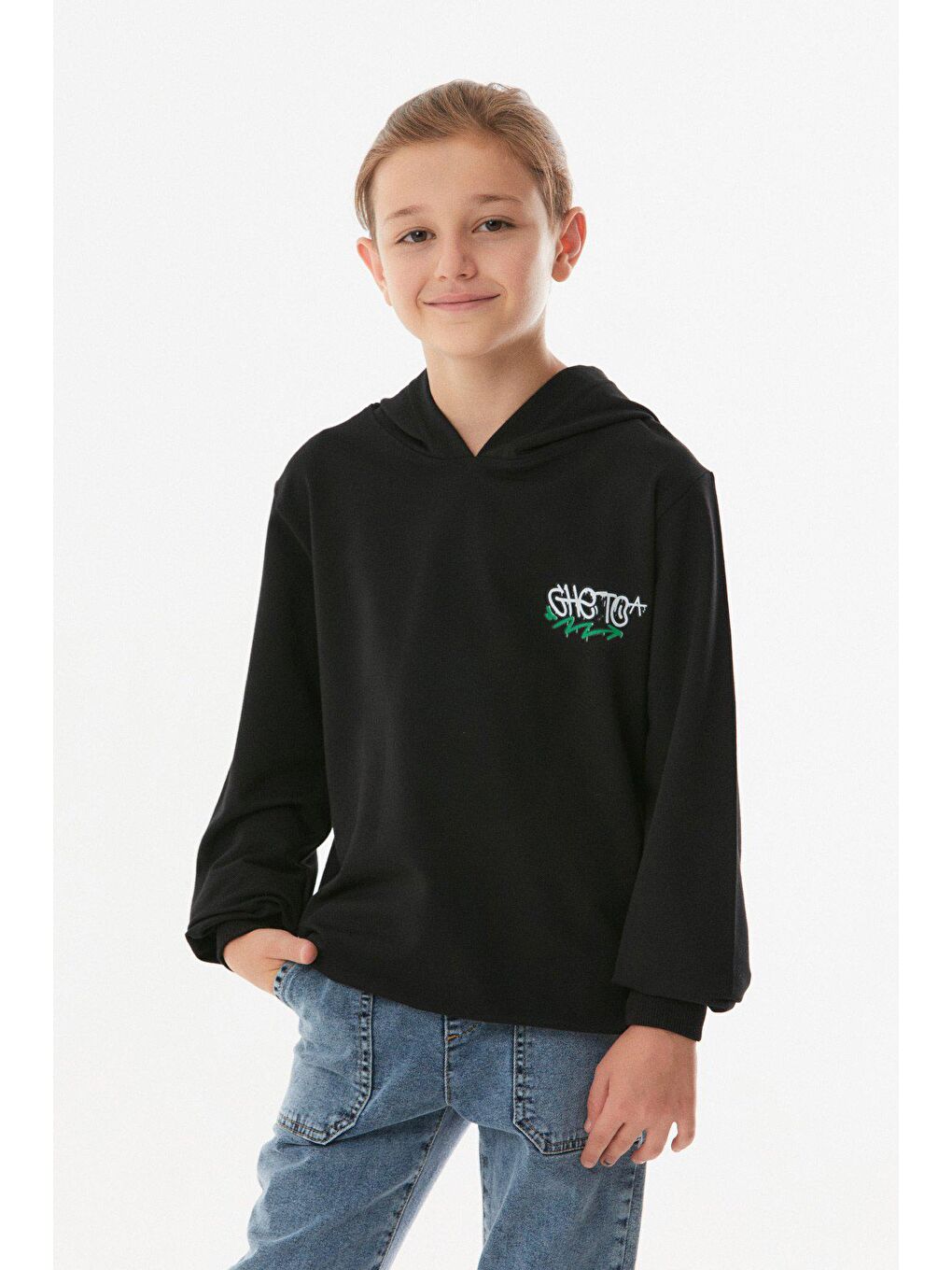 Siyah Ayıcık Baskılı Kapüşonlu Sweatshirt