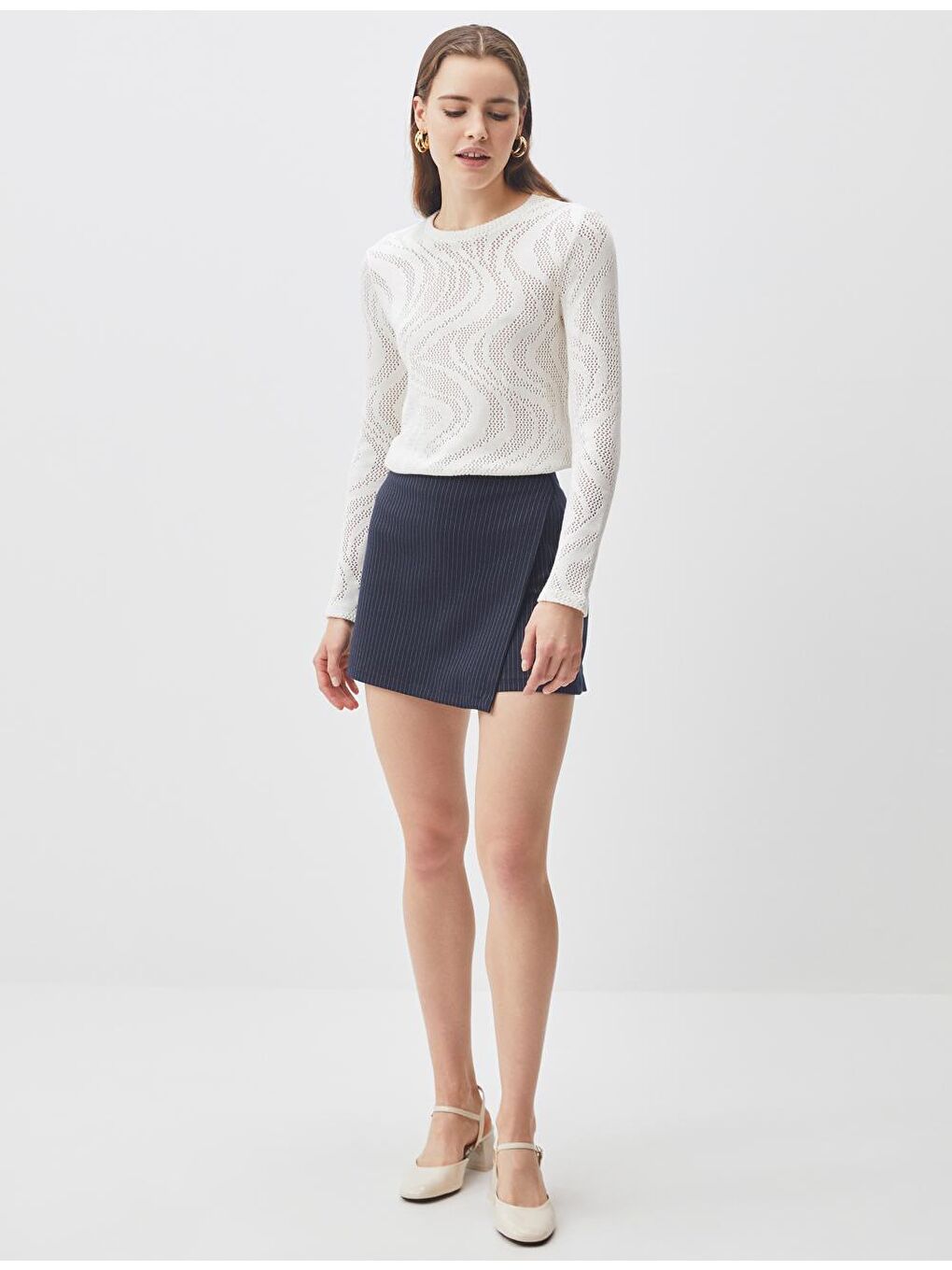 Lacivert Yüksek Bel Çizgili Mini Şort Etek-2