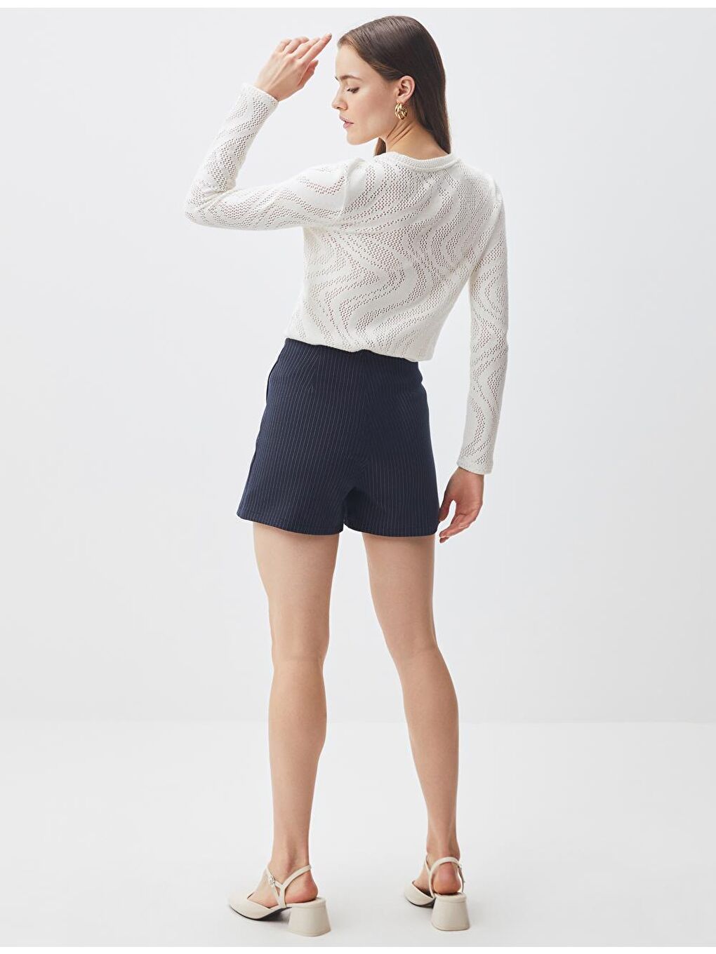 Lacivert Yüksek Bel Çizgili Mini Şort Etek-4