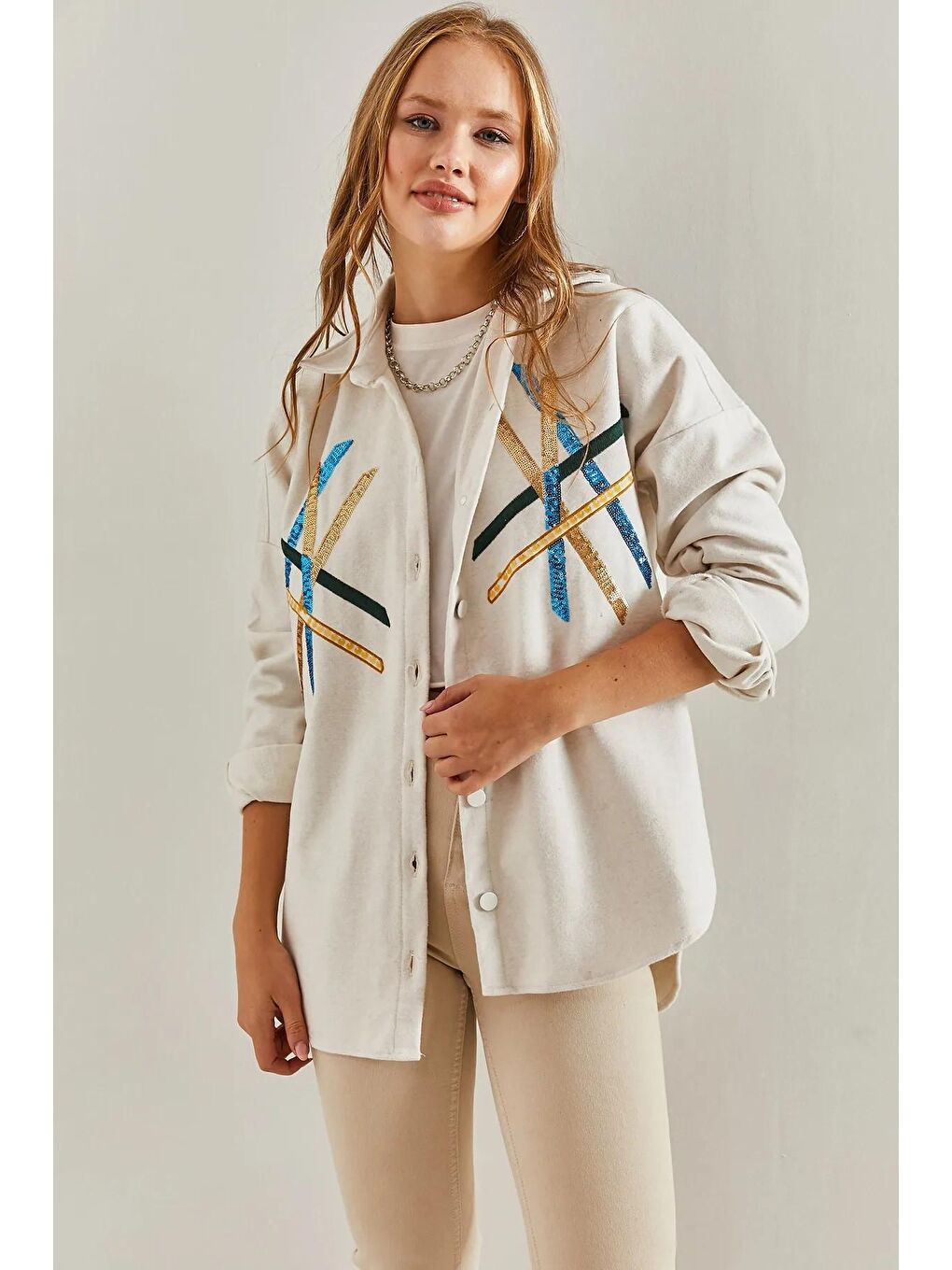 Bej Kadın Pul Payet Işlemeli Kaşe Gömlek-4