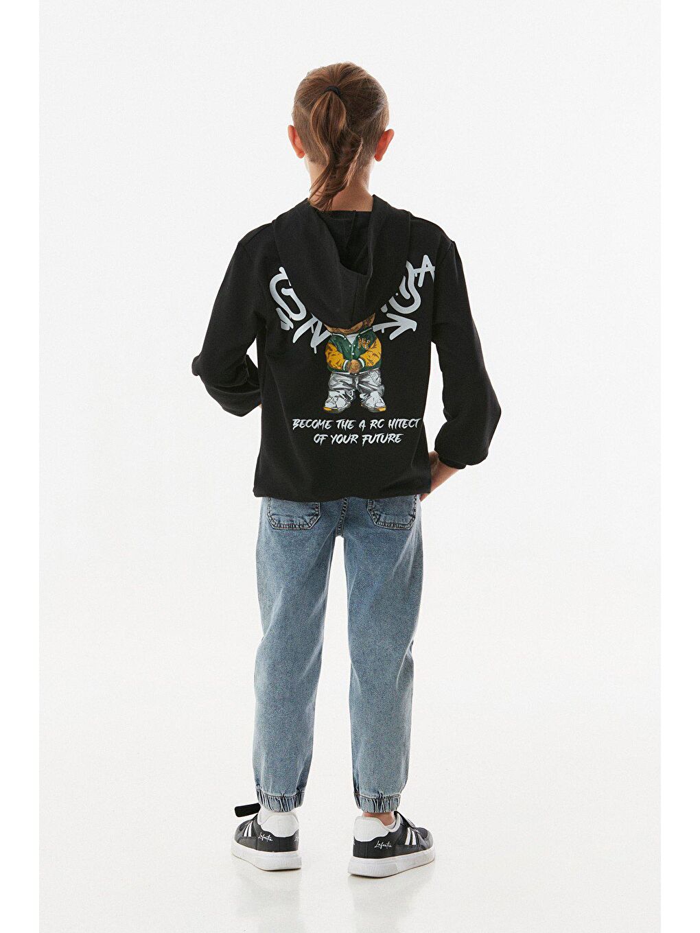 Siyah Ayıcık Baskılı Kapüşonlu Sweatshirt-3