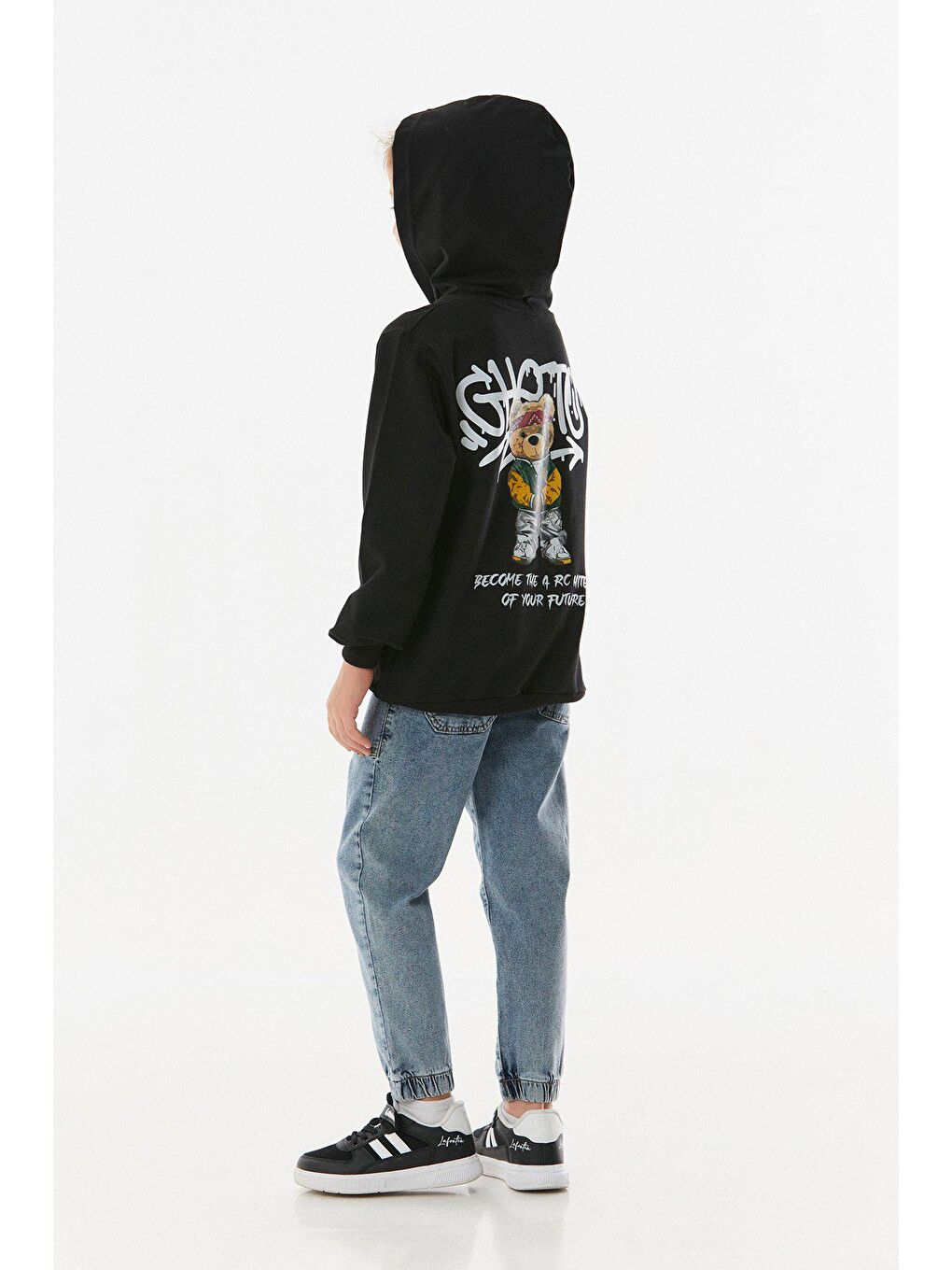 Siyah Ayıcık Baskılı Kapüşonlu Sweatshirt-4