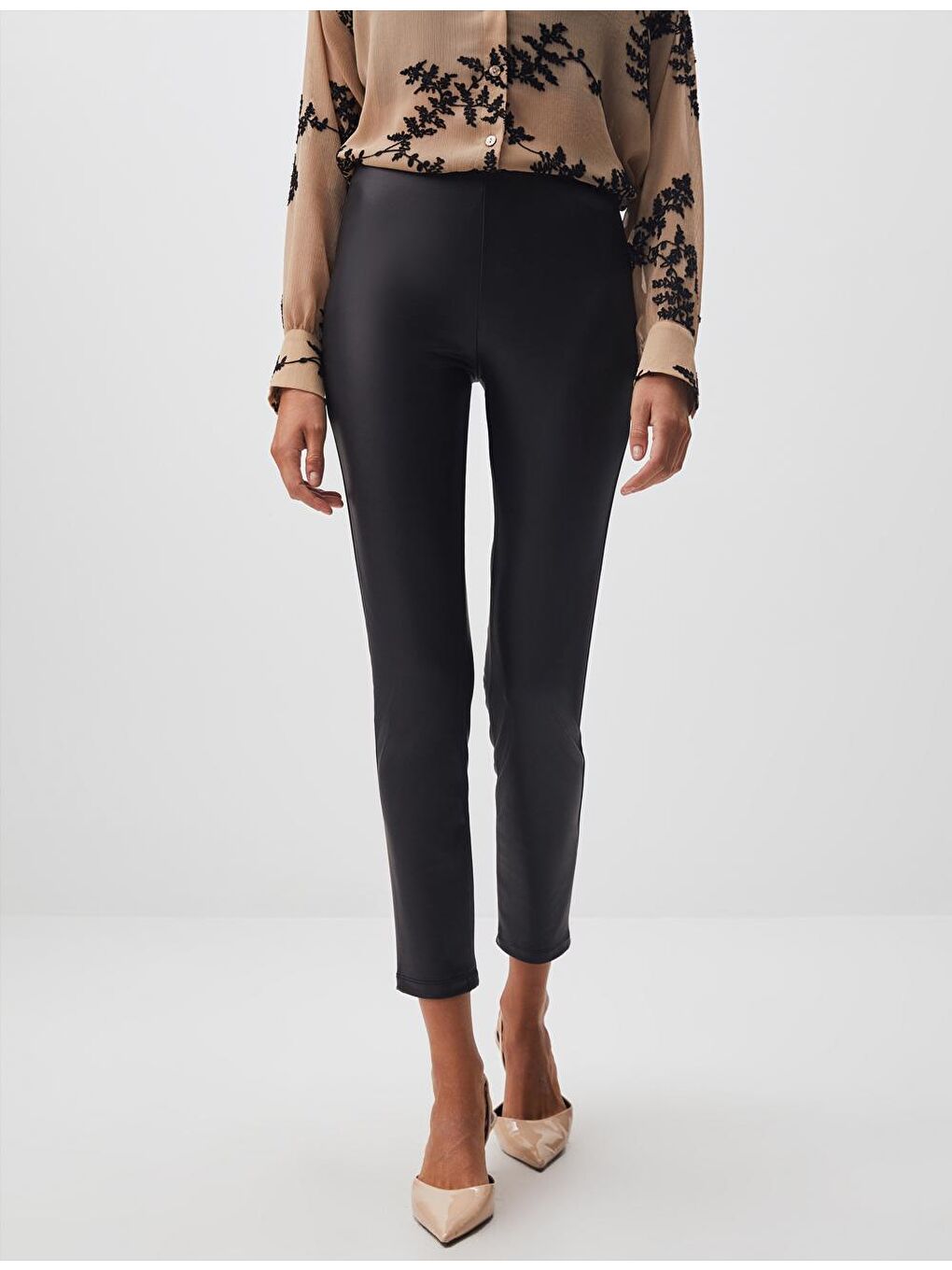 Siyah Dar Kesim Yüksek Bel Deri Tayt-1