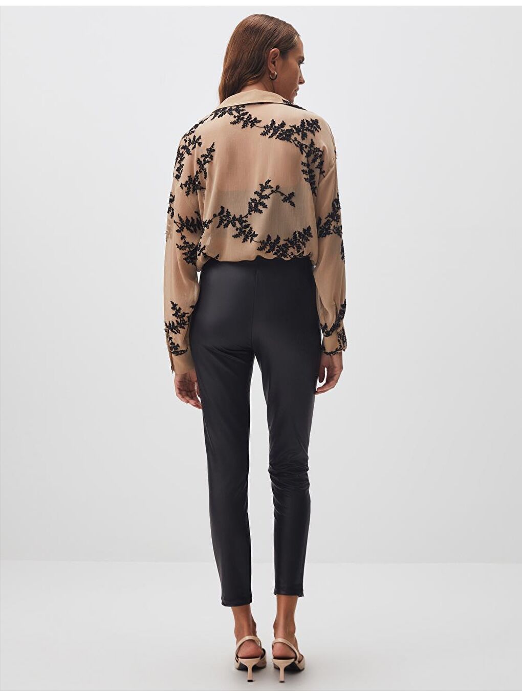 Siyah Dar Kesim Yüksek Bel Deri Tayt-4