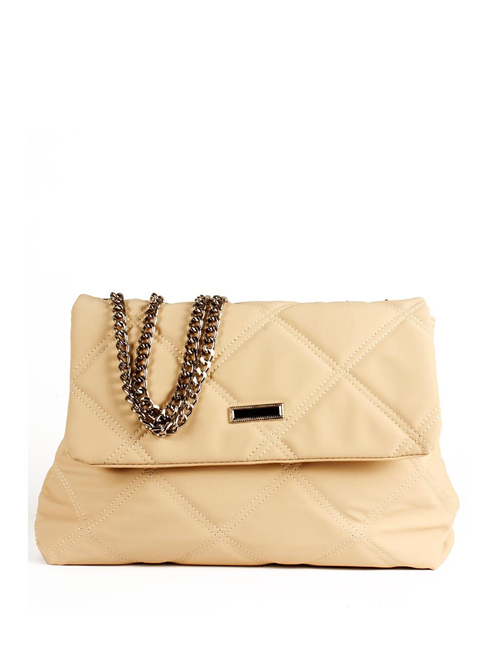Ekru Kadın Çift Bölmeli Zincir Askılı Yumuşak Saten Dokulu Kapitoneli Nakışlı Orta Boy Omuz Çantası(1734)