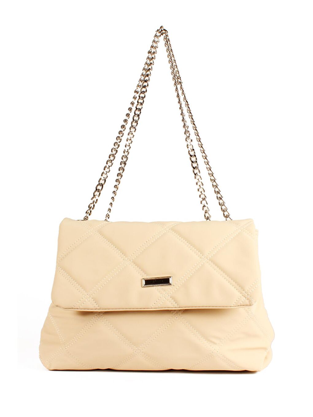 Ekru Kadın Çift Bölmeli Zincir Askılı Yumuşak Saten Dokulu Kapitoneli Nakışlı Orta Boy Omuz Çantası(1734)-1