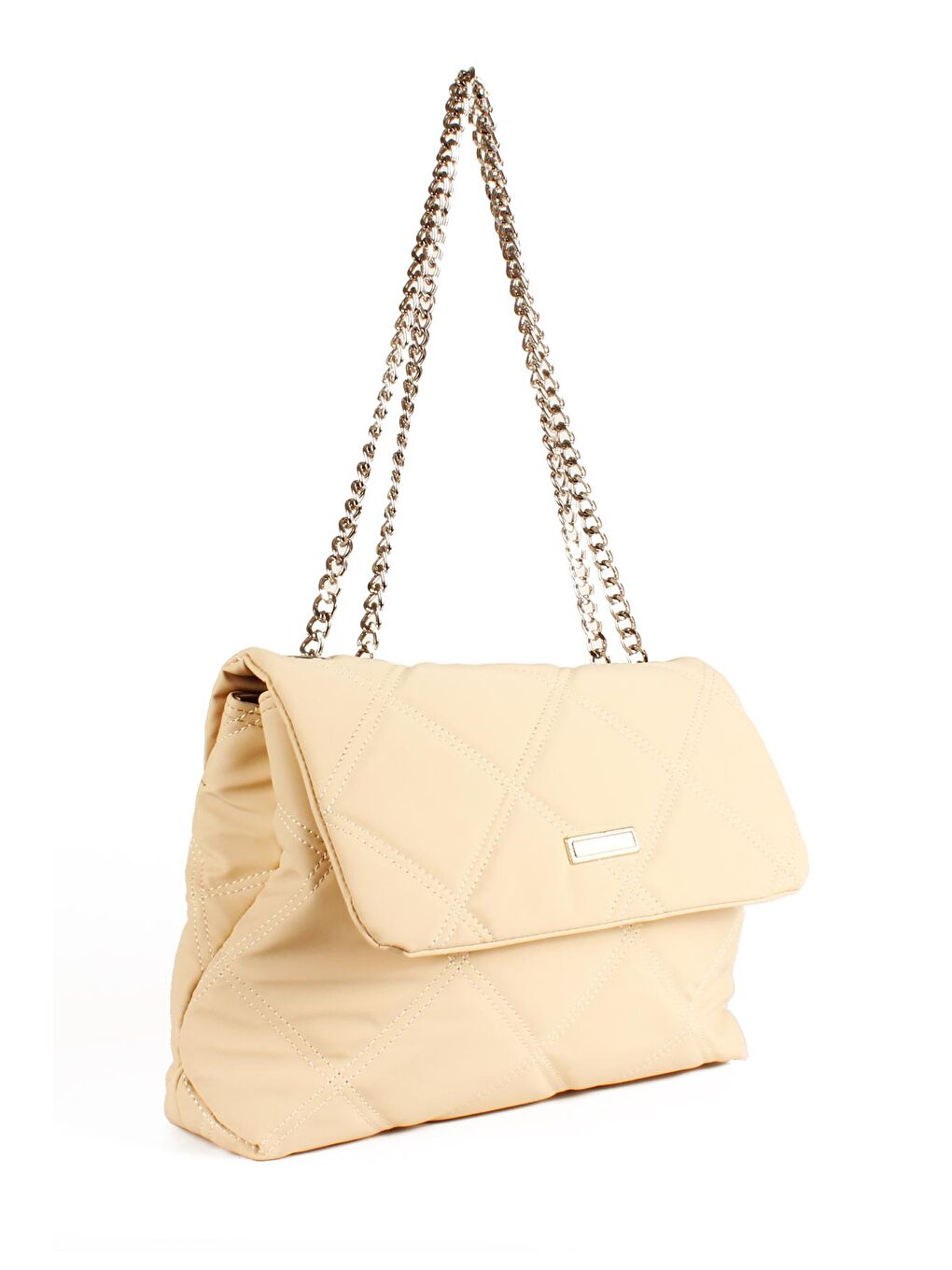 Ekru Kadın Çift Bölmeli Zincir Askılı Yumuşak Saten Dokulu Kapitoneli Nakışlı Orta Boy Omuz Çantası(1734)-2