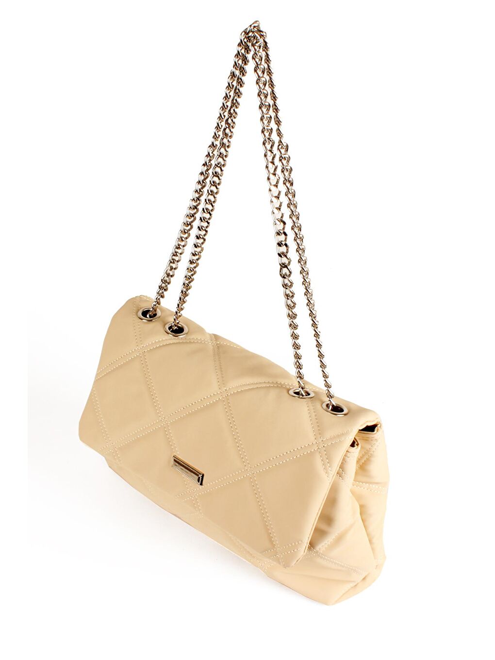 Ekru Kadın Çift Bölmeli Zincir Askılı Yumuşak Saten Dokulu Kapitoneli Nakışlı Orta Boy Omuz Çantası(1734)-4