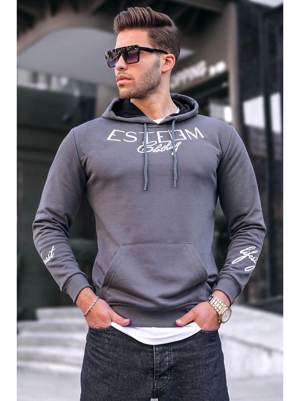 Madmext Füme Baskılı Füme kapüşonlu Sweatshirt 4402