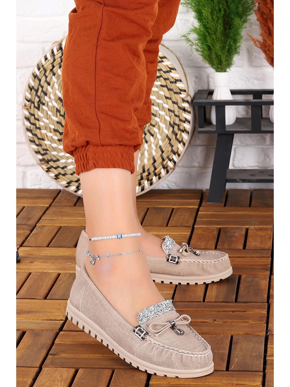 Bej Taşlı Kadın Günlük Babet Ayakkabı Cns 3097