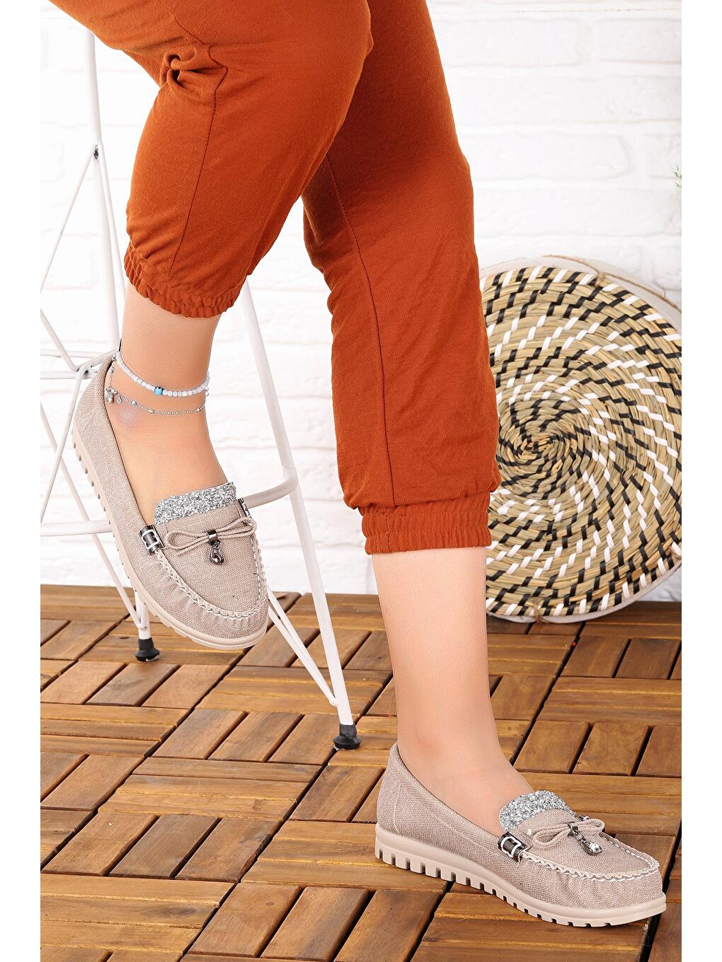 Bej Taşlı Kadın Günlük Babet Ayakkabı Cns 3097-2