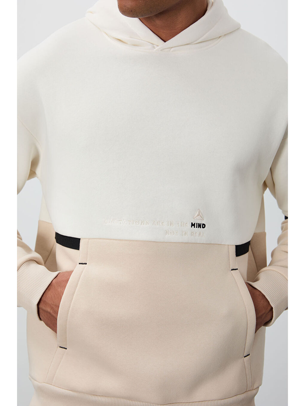 Ekru Pamuklu Kalın İçi Tüylü Yumuşak Dokulu Comfort Fit Nakışlı  Erkek Hoodie - 88417-3