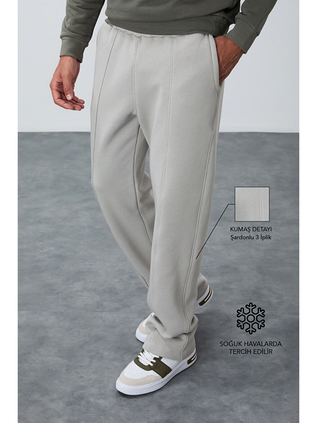 Bej Taş Pamuklu Kalın İçi Tüylü Yumuşak Dokulu Oversize Nakışlı Erkek Eşofman Altı -82146