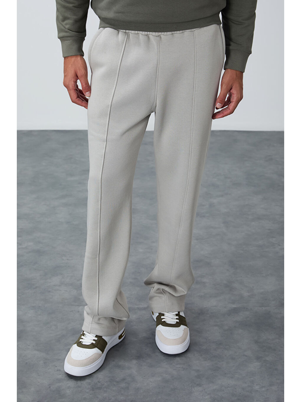 Bej Taş Pamuklu Kalın İçi Tüylü Yumuşak Dokulu Oversize Nakışlı Erkek Eşofman Altı -82146-1