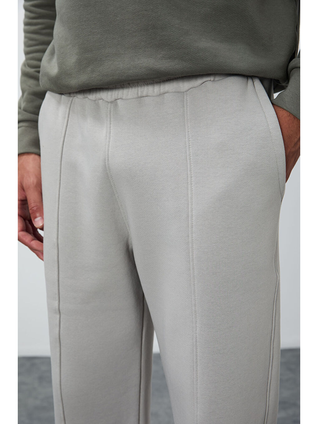 Bej Taş Pamuklu Kalın İçi Tüylü Yumuşak Dokulu Oversize Nakışlı Erkek Eşofman Altı -82146-2