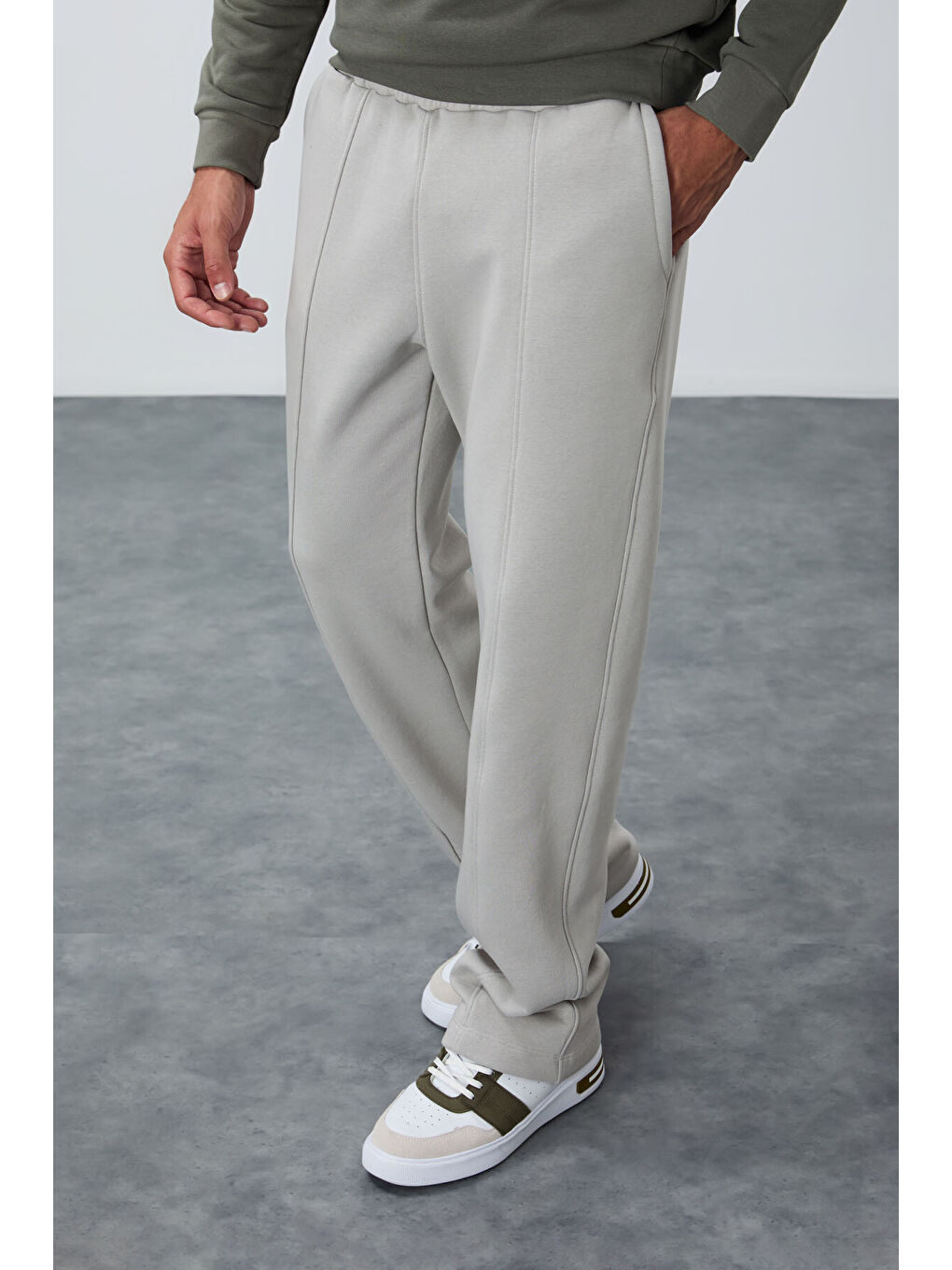 Bej Taş Pamuklu Kalın İçi Tüylü Yumuşak Dokulu Oversize Nakışlı Erkek Eşofman Altı -82146-3