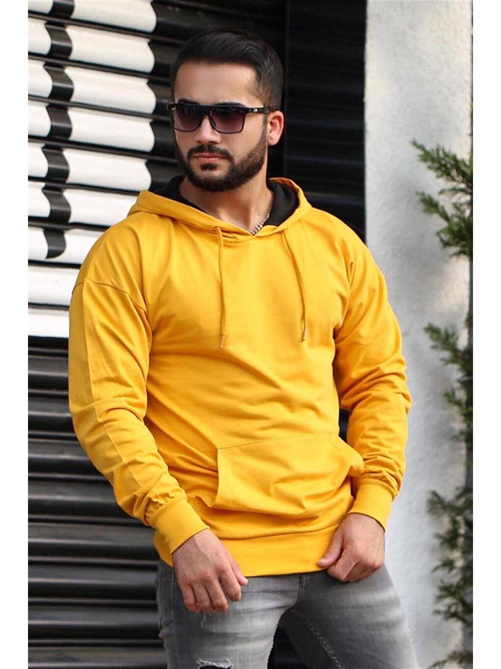 Sarı Basic Kapüşonlu Erkek Sweatshirt 4117