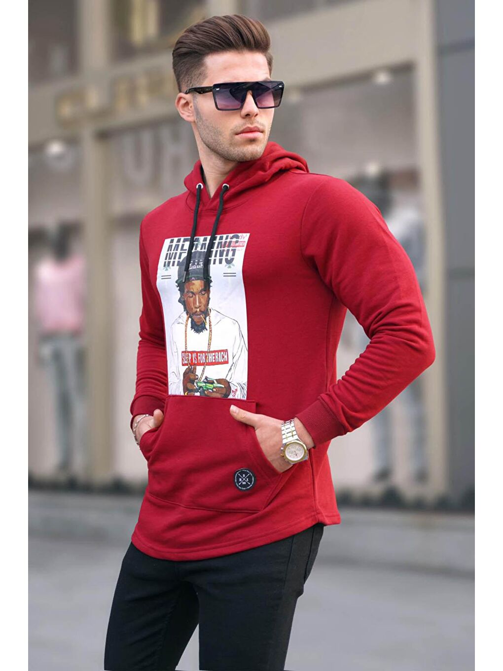 Madmext Kırmızı Baskılı kapüşonlu Sweatshirt 2780