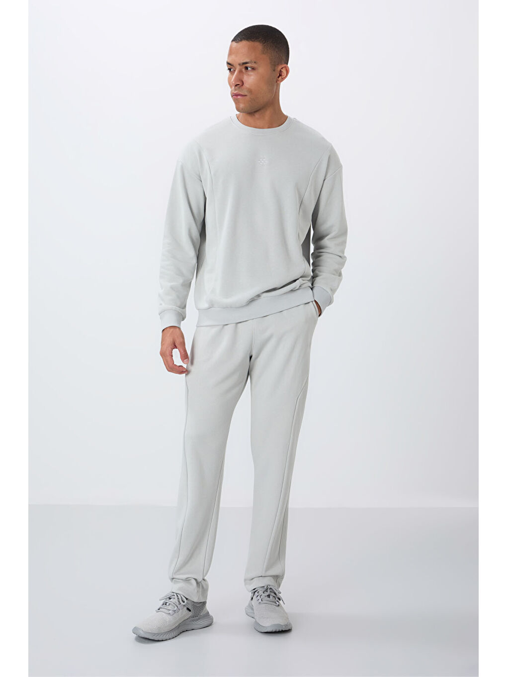 Bej Taş Kompakt Pamuklu Kalın Pürüzsüz Dokulu O Yaka Comfort Fit Erkek Eşofman Takım -85263