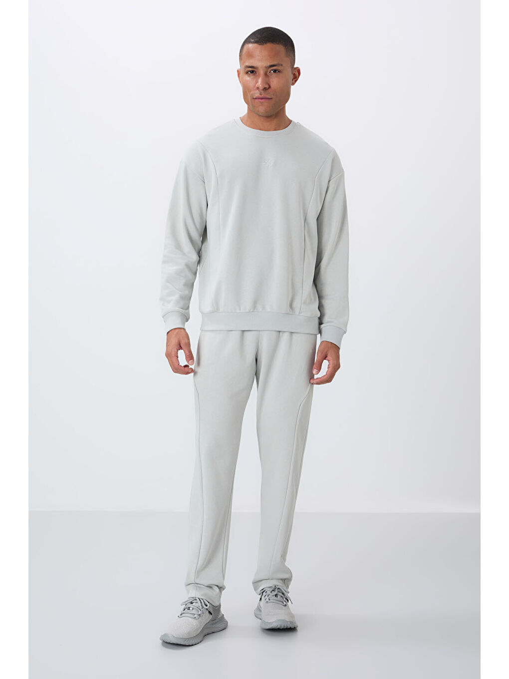 Bej Taş Kompakt Pamuklu Kalın Pürüzsüz Dokulu O Yaka Comfort Fit Erkek Eşofman Takım -85263-3