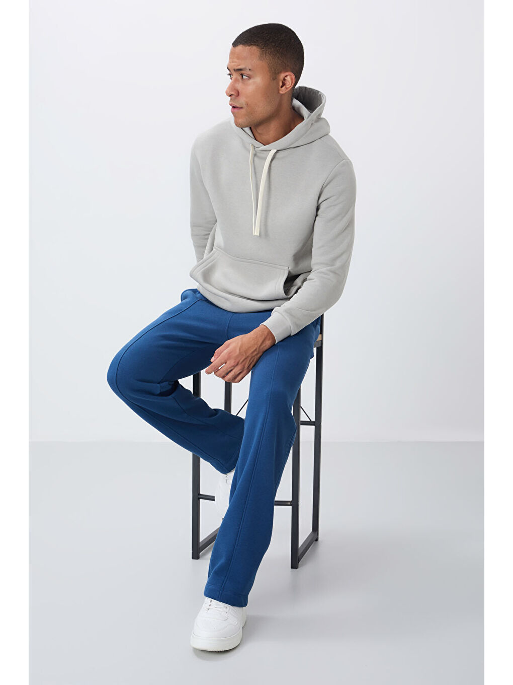 Lacivert Parlament Pamuklu Kalın İçi Tüylü Yumuşak Dokulu Oversize Nakışlı Erkek Eşofman Altı -82146-1