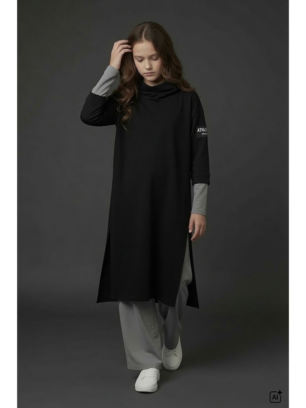 Siyah Kapüşonlu Tunik Elbiseli Pantolonlu Kız Çocuk 3lü Takım 24745-1