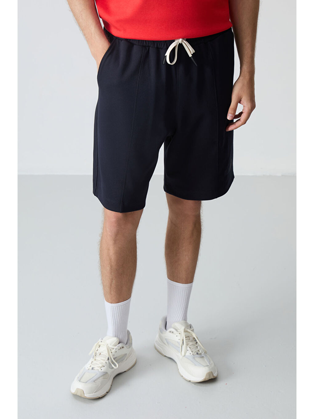 Kırmızı Fiesta - Lacivert Pamuklu Kalın Yumuşak Dokulu Oversize Fit Basic Erkek Şort Takım - 85259-2