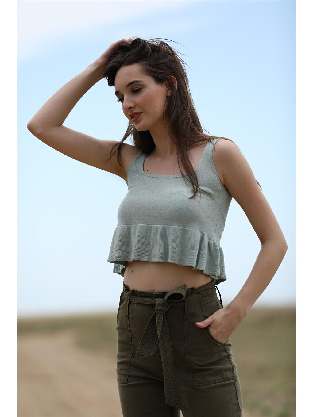 Yeşil Mint Volanlı Triko Top-1