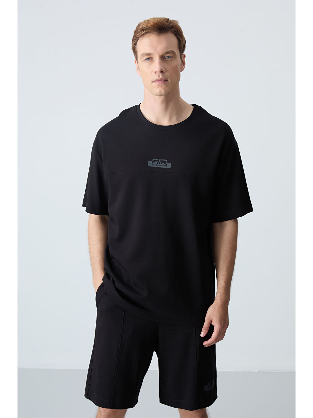 Siyah Pamuklu Kalın Yumuşak Dokulu Oversize Fit Basic Erkek Şort Takım - 85259-1